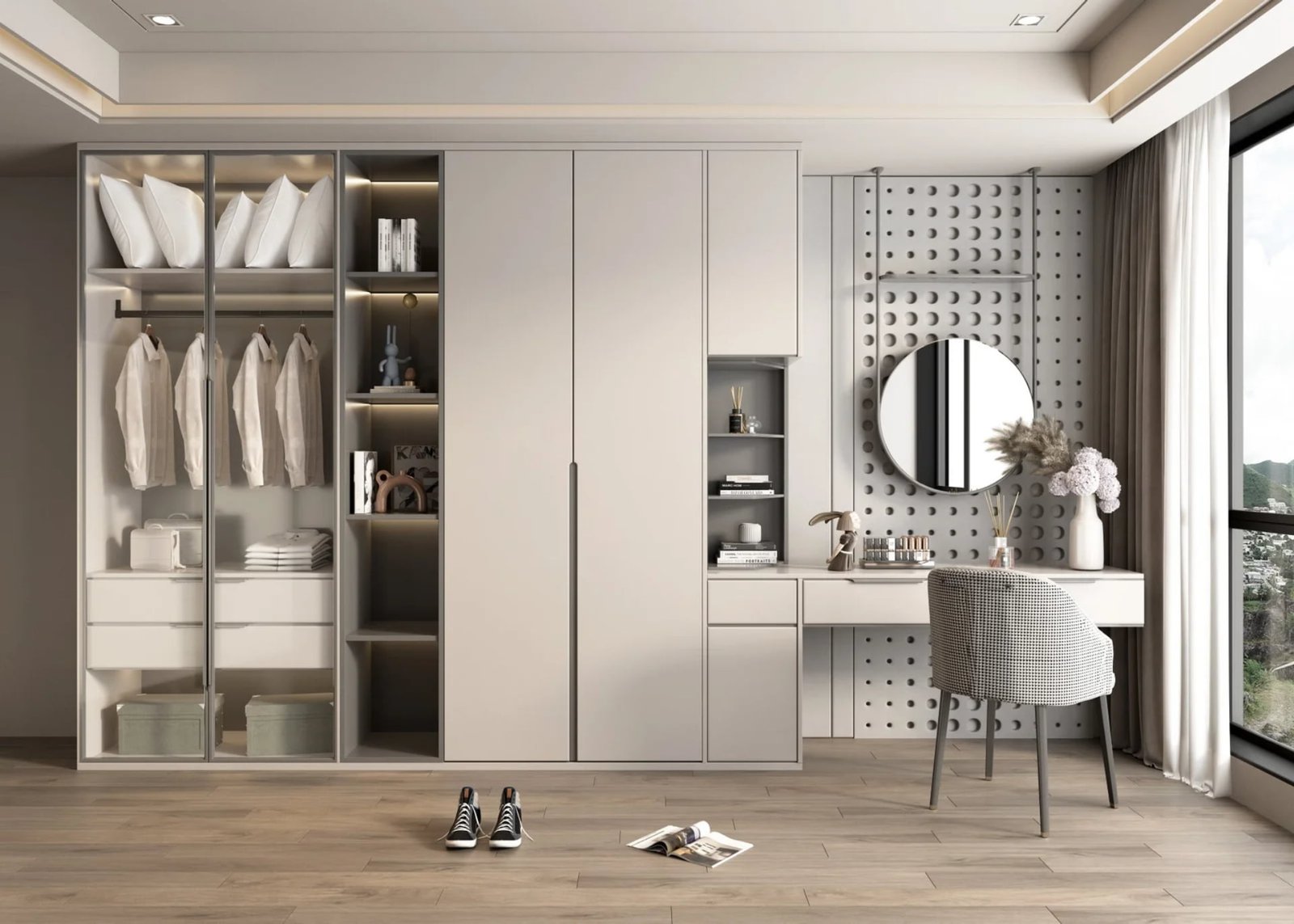 modern minimalist wardrobe closet with glass doors and warm lighting interior