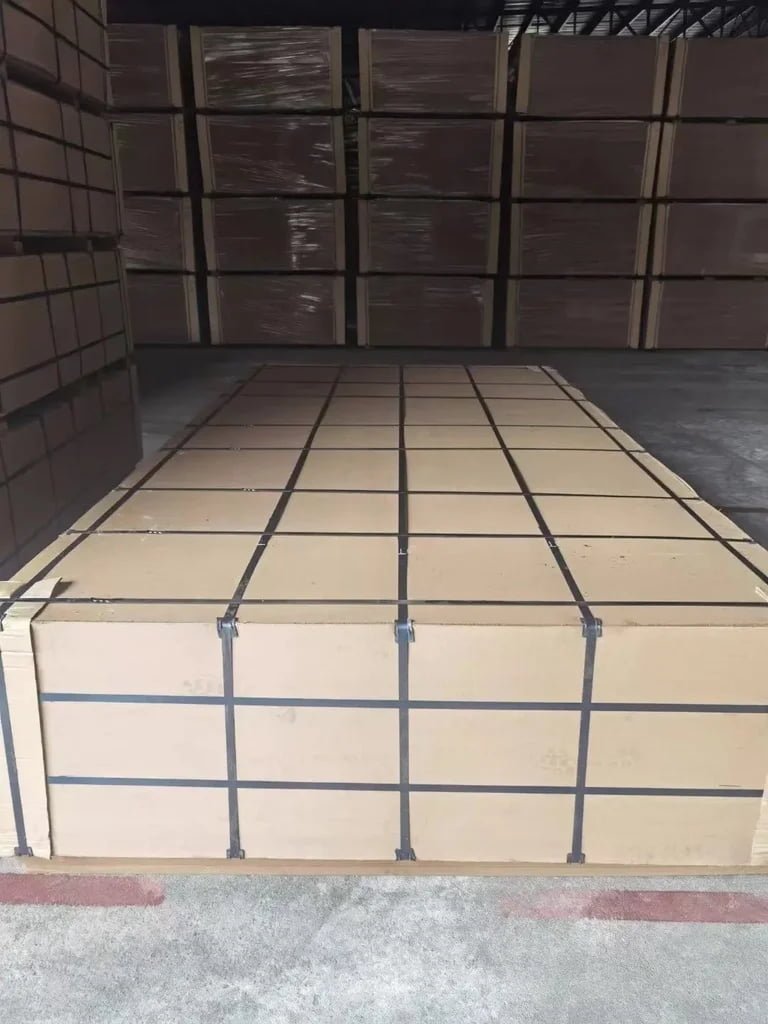 stacked plywood sheets wrapped and strapped inside shipping container