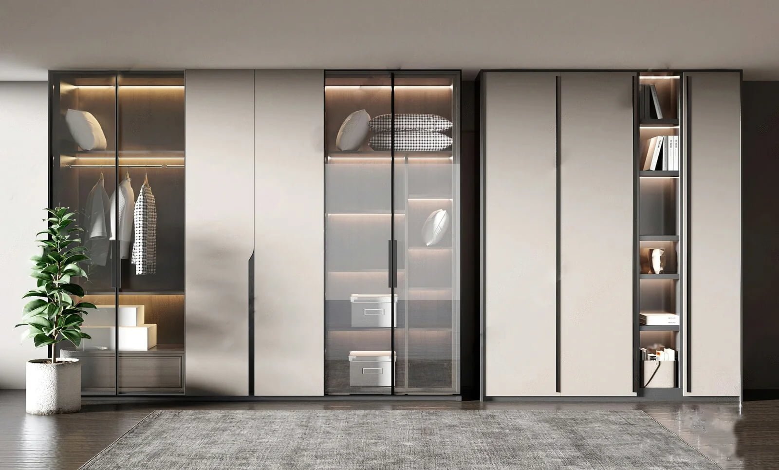 minimalist wardrobe cabinets with glass doors and soft lighting storage design