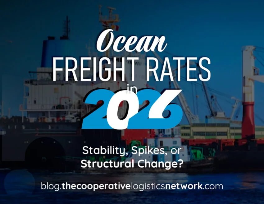 Cargo ship and port showing ocean freight rates 2026 logistics concept