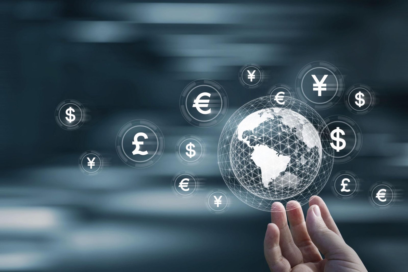 Global finance concept with digital globe and currency symbols representing international trade