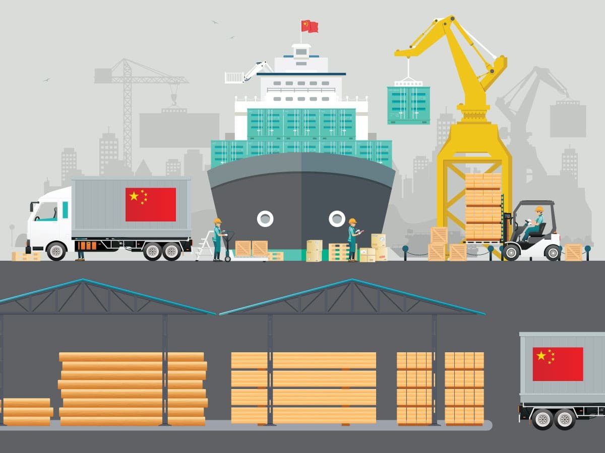 China export logistics illustration with cargo ship crane trucks and timber warehouse